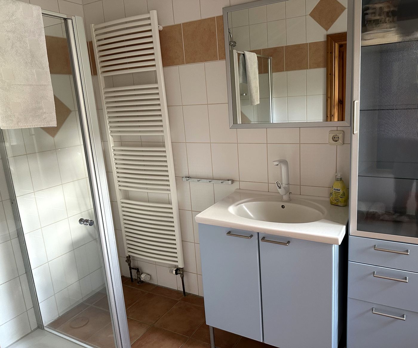 Bad mit Dusche, Waschtisch und Handtuchheizkörper
